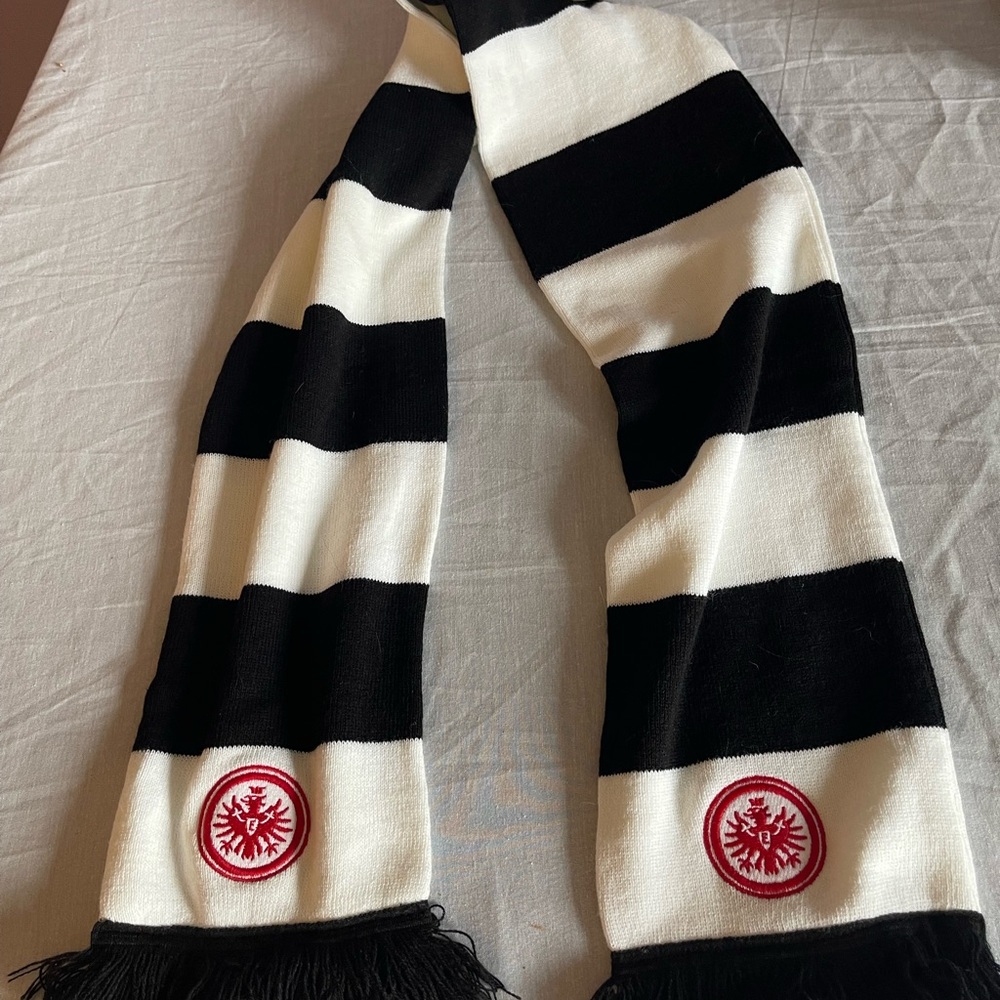 Black & White Striped Scarf with Red Crest - Men Accessories